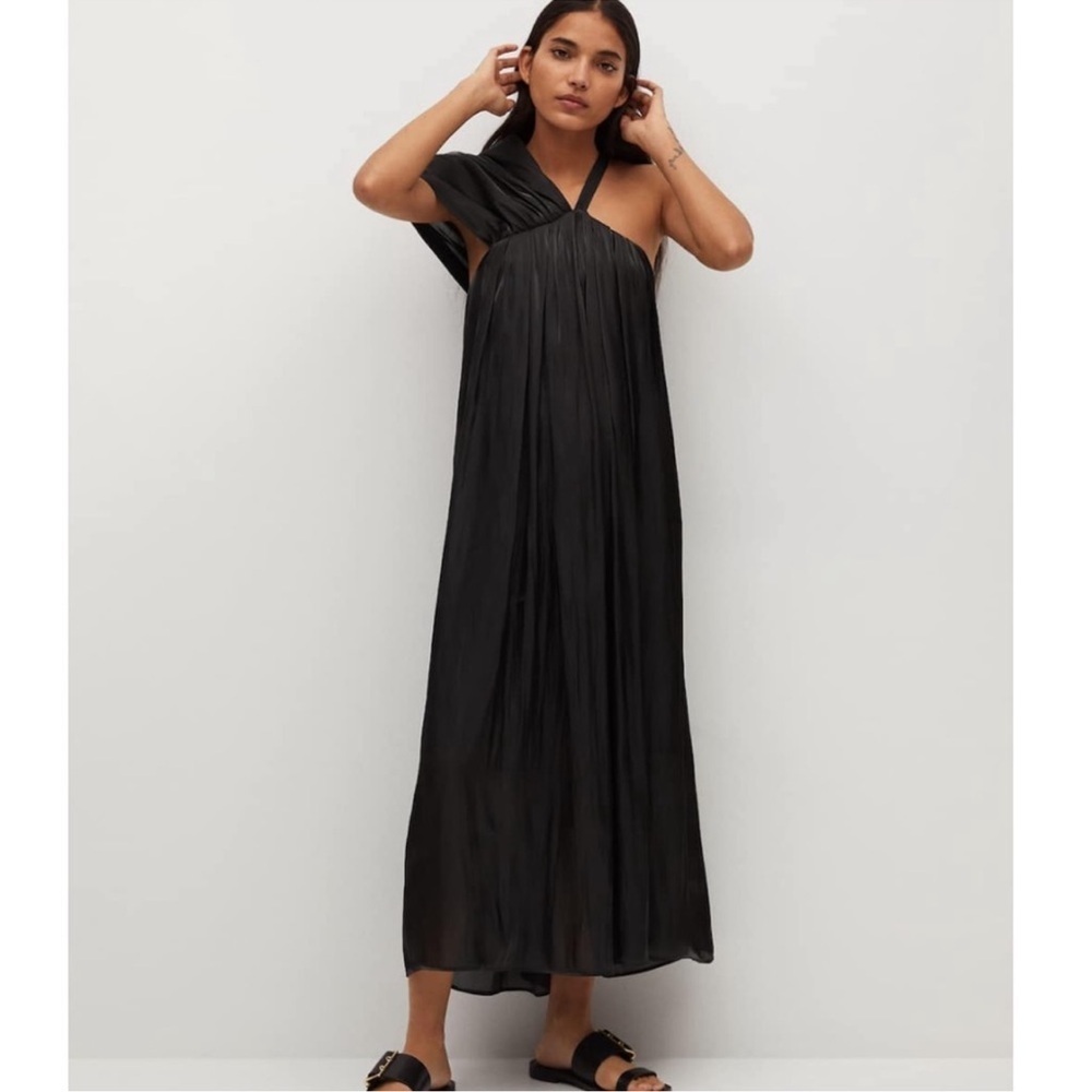 MANGO MNG Asymmetrical Satin Black One Shoulder Midi Dress
